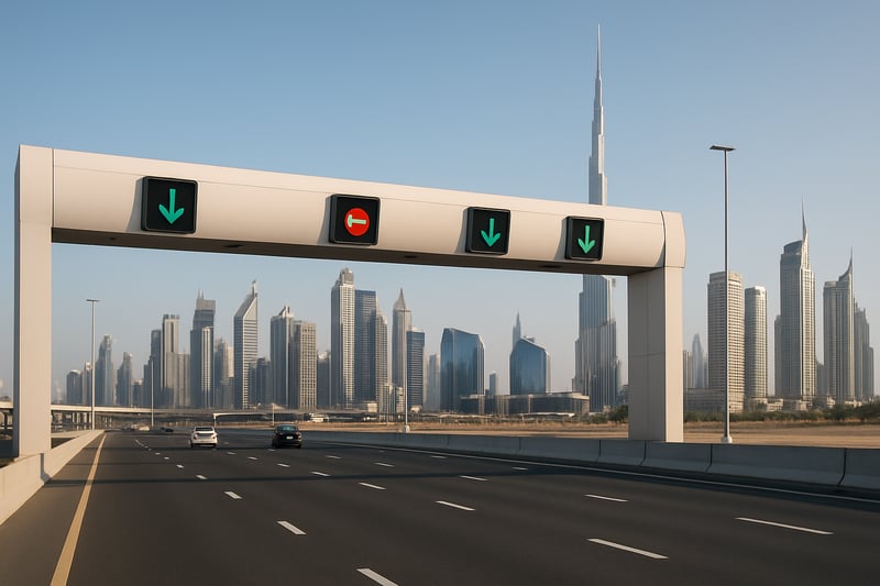 Modern Dubai highway with electronic toll gates and city skyline
